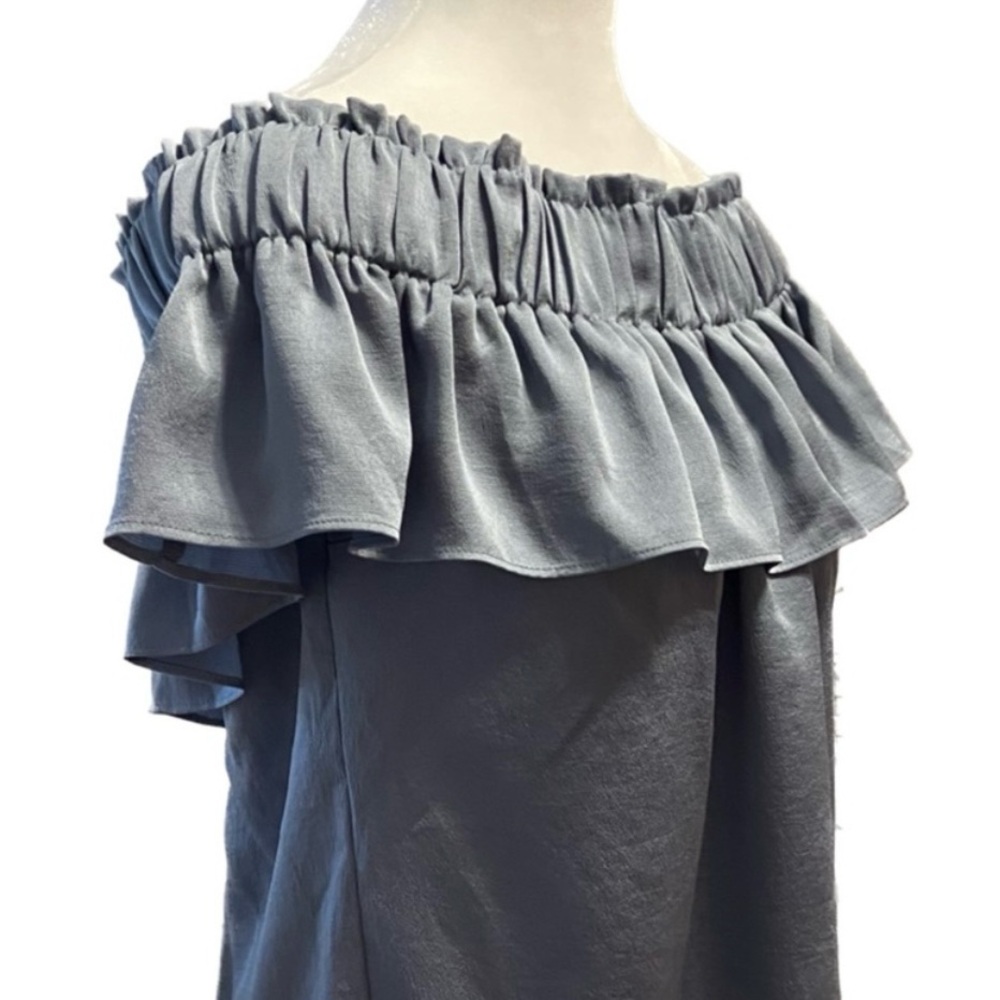 Express Off-Shoulder Ruffle Blouse in Gray Silver Blue Color